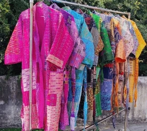 5 Pcs of Silk Kantha Handmade Women Long Kimono Robe Hippie Style Kimono Dress - Picture 1 of 4