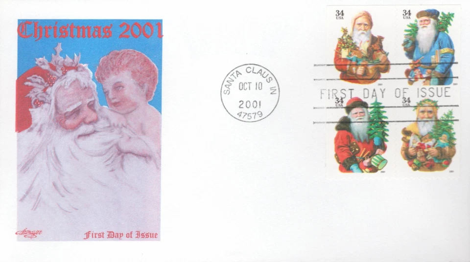 2001 FDC - Scott# 3537a-40a - Christmas Santas - Block of 4 - Artmaster - Image 1 of 1
