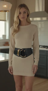Women Gold Metal Fancy Bling Hook Buckle Elastic Black Fabric Cute Belt Size S M - Picture 1 of 24