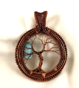 Copper Wire Wrap Pendant Tree Of Life With Larimar Elegant Handcrafted - Picture 1 of 5