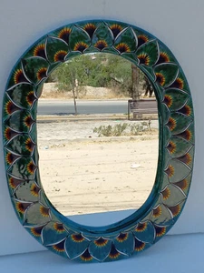 21" TALAVERA MIRROR bathroom wall decor vanity, Mexican pottery folk art hanging - Picture 1 of 5