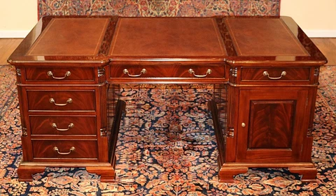 Gorgeous Flame Mahogany Tooled Leather Partners Desk With File Drawer Cover