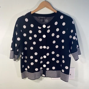 Pine Needles Womens Lg Cardigan Short Sleeve Polka Dot Black White Stripe Retro - Picture 1 of 8