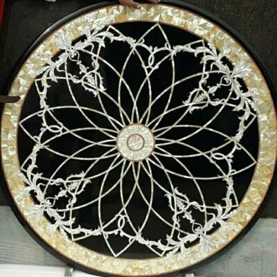 36" Round Black Marble End Coffee Table with Storage Mosaic Inlay Art Home Decor - Image 1 of 4