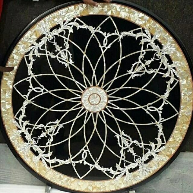 36" Round Black Marble End Coffee Table with Storage Mosaic Inlay Art Home Decor - Image 1 of 4