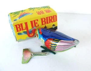 🐸 BLUE BIRD Tin Wind-up Toy MS029 With Key WORKS Damaged BOX Vintage China - Picture 1 of 8