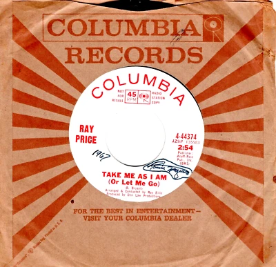 RAY PRICE:    Take Me As I Am / In The Summer Of My Life .. DJ 45 RPM -1982 - Image 1 of 3