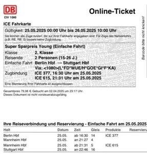 2 Zugtickets Berlin - Stuttgart 25.05 16:30 Uhr - Bild 1 von 1