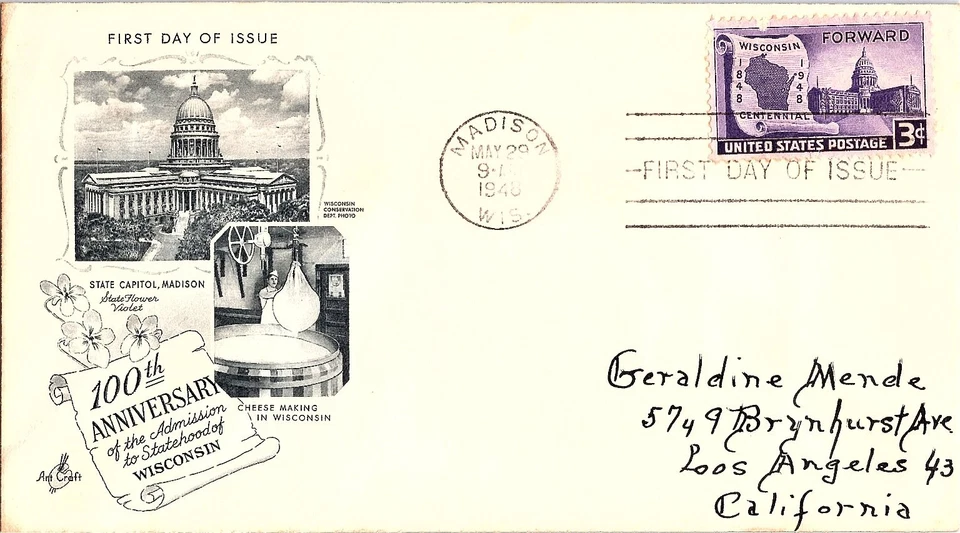 Centennial of Wisconsin Statehood May 29, 1948 Mail Cover FDC - Image 1 of 1