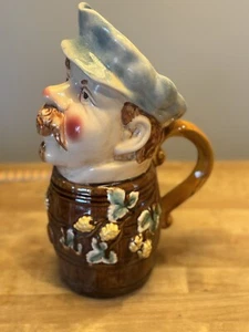 MAJOLICA STYLE PORCELAIN PLANTER VASE MAN IN BARREL W/ GRAPE VINES 10” - Picture 1 of 5