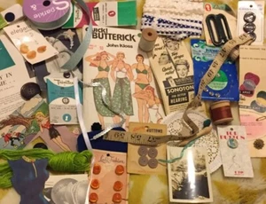 Vintage Sewing Craft Lot, Sewing Pattern, Print Ads, Buttons, Thread Retro 4 - Picture 1 of 12