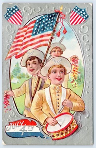 1909 July 4th Postcard- Parade,Boys, Drummer, Flag, Firecrackers,Philadelphia,PA - Picture 1 of 2