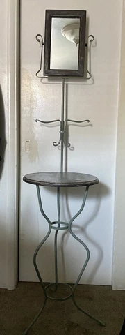 Vintage Cast & Wrought Iron Shaving  Stand /Hall Tree with wood top & mirror Cover