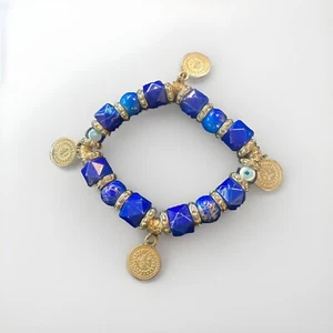 Evil Eye Coin Medallion Dangle Blue Silver Tone Stretch Beaded Bracelet - Picture 1 of 1