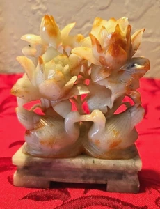 Antique Hand Carved Shoushan Flowers And Swans Jade Base Love Prosperity Fortune - Picture 1 of 5
