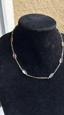 14K Solid Yellow Gold Multi Gemstone Necklace 18" Amethyst Citrine Aquamarine Pi - Image 1 of 4