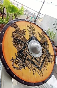 Medieval Wooden Viking Shield w/ Axe Round 24 Inch Handmade Warrior Shield Armor - Picture 1 of 2