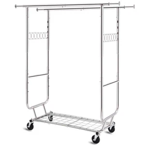 Collapsible Double Heavy Duty Rolling Clothing Garment Rack with Shelves 600lbs - Picture 1 of 8