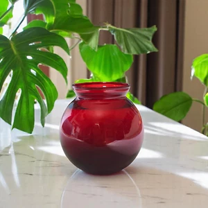 Vintage Anchor Hocking Royal Ruby Red Glass Ball Ivy Flower Vase 4" - Picture 1 of 4