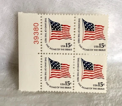 1978 US Stamp Land Of Free Home Of Brave Flag Plate Block Of 4 15c Scott #1597 * - Image 1 of 4