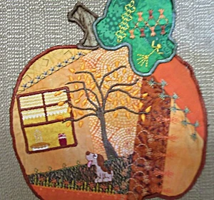 wall hanging, fall decor, tapestry,wall decor, pumpkin, pumpkin house,patchwork  - Picture 1 of 3