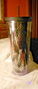2014 STARBUCKS CUP VENTI TUMBLER Hot/Cold BLACK & SILVER FLOWER 24OZ - Picture 1 of 2