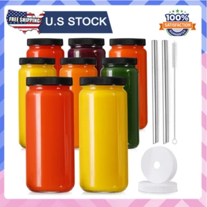 [8 Pack] Glass Juicing Bottles with Straws & Lids - 16 OZ Travel Drinking Jars - Picture 1 of 10