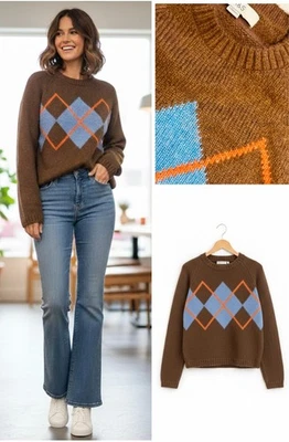Ladies Marks Argyle Wool Mix Jumper Long Sleeve Thick Chunky Knit Soft Preppy - Image 1 of 4
