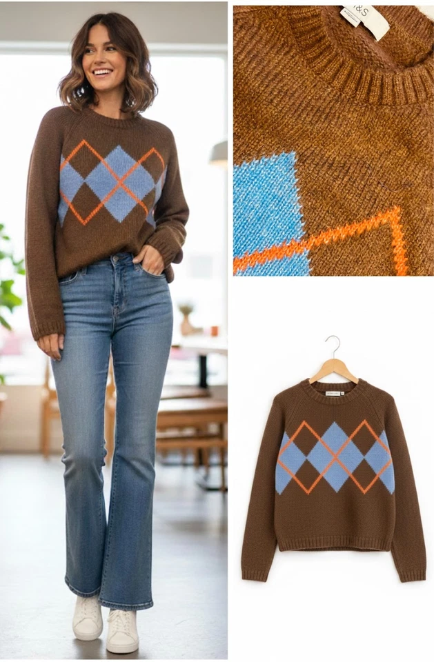Ladies Marks Argyle Wool Mix Jumper Long Sleeve Thick Chunky Knit Soft Preppy - Image 1 of 4