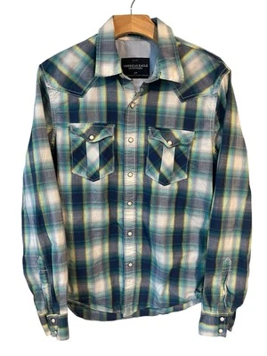 Рубашка мужская American Eagle небольшая западного покроя клетчатая на пуговицах с длинным рукавом с карманами - Изображение 1 из 4