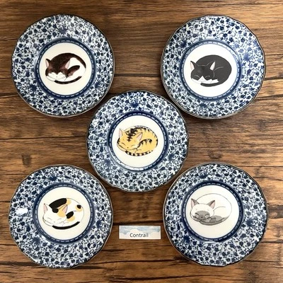 Kutani Ware Small Plate Set of 5 Plates Sleeping Cat 12cm Japan Traditional - Image 1 of 4