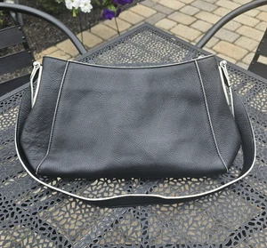 Etienne Aigner Purse Handbag Black w/ White Trim Shoulder Genuine Leather - Picture 1 of 16