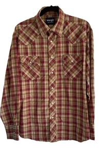 Wrangler Vintage L/S Plaid Shirt Pearl Snap Men's Sz L Khaki Beige Reds - Picture 1 of 7