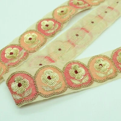 Sequin Flower Embroidered Colorful Trimming Silk Lace Ribbon Sari Border - Image 1 of 2