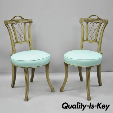 Pair of Carved Mahogany French Regency Style Chairs w/ Brass Handle & Aqua Vinyl Cover