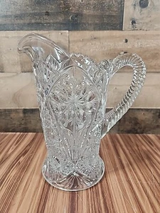 Vintage 9" Tall Fancy Clear Floral Pressed Glass Water Pitched w/ Sawtooth Lip - Picture 1 of 11