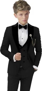 3 Pieces Formal Boys Slim Fit Peak Lapel Blazer Teenage Tuxedo Jacket Suit Set - Picture 1 of 32