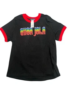 Vtg Elton John Shirt Sz XL Fits Large USA Floral Spell out Y2K 90s Babydoll Tee - Picture 1 of 8