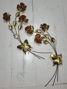 VTG Metal Wall Art Copper Gold Flowers MCM Butterfly 1980's Boho Cottagecore - Picture 1 of 8