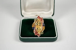 Gorgeous 14k Yellow Gold Filigree Colorfully Enemelled Ring 4.62 Gr 9 US Perfect - Picture 1 of 5