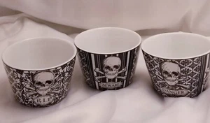222 FIFTH  Halloween SKULL & CROSSBONES Set Of 3 Bowls White And Black Lace RIP - Picture 1 of 7