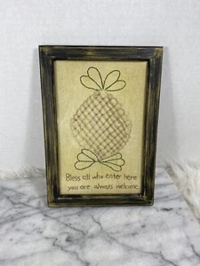 Vintage Embroidered “Bless All Those Who Enter” Welcome Sign Wooden Frame Antiqu - Picture 1 of 9