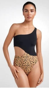 Jagged Black Wet Look Leopard One Piece Swimwear Size L Reversible One Shoulder - Picture 1 of 6