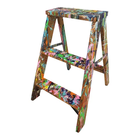 Vintage Step Stool Ladder Plant Stand Pop Artist Painters Splatter Paint Folding Cover