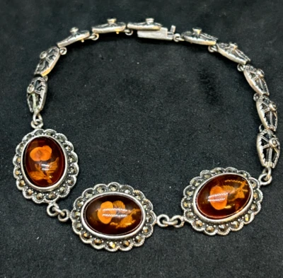 Pulsera de marcasita ámbar con flor de ley 925 16,6 mm 7,5 pulgadas - 14,47 g Foto 1 de 3