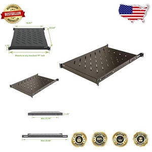 1U 19-Inch Adjustable Depth Server Rack Shelf - Black Alloy Steel Design - Picture 1 of 9