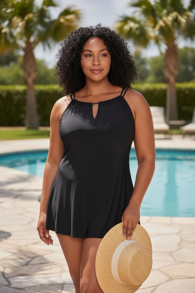 Vestido Traje de Baño Verde Aqua Grande 12-14 Negro Cuello Alto Cerradura Frontal 1 Pieza Nuevo con Etiquetas Foto 1 de 2