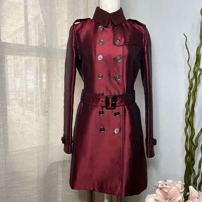 Burberry Trench Coat Belted Metallic Burgundy Mid Length Silk Blend Women's US 4 - Image 1 of 4