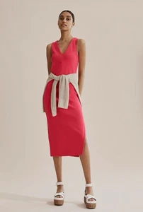 Country Road Dress Size Large Pink Deep VNeck Rib Midi Fitted Stretch Sleeveless - Picture 1 of 12