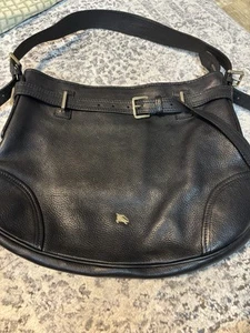 BURBERRY Tote Shoulder Bag Hobo Black Leather Authentic - Picture 1 of 18